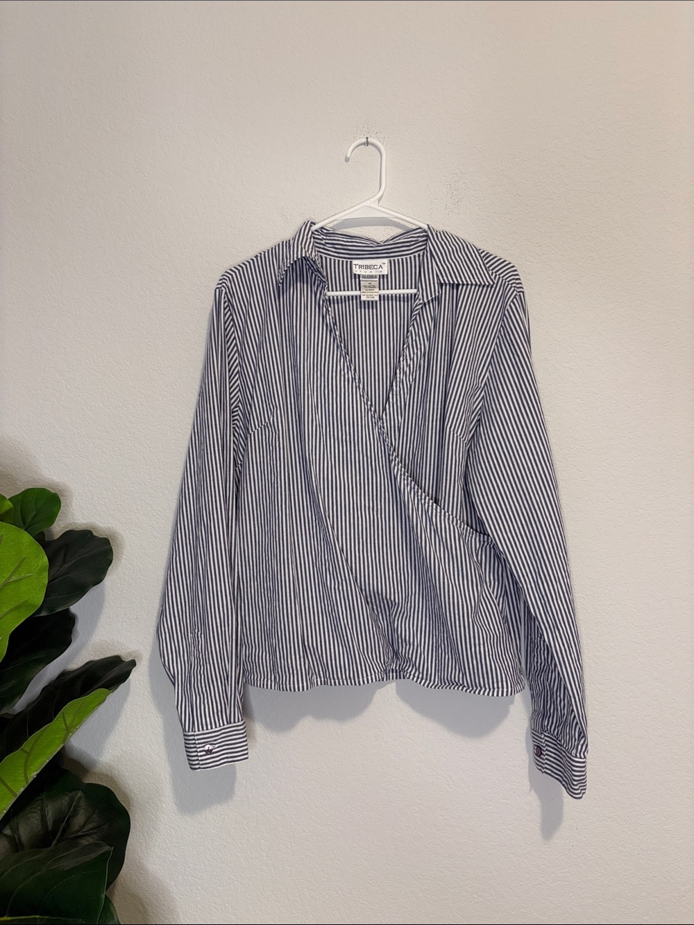 Tribeca Faux Wrap Front Long Sleeve Button Cuff Shirt - Navy Stripe